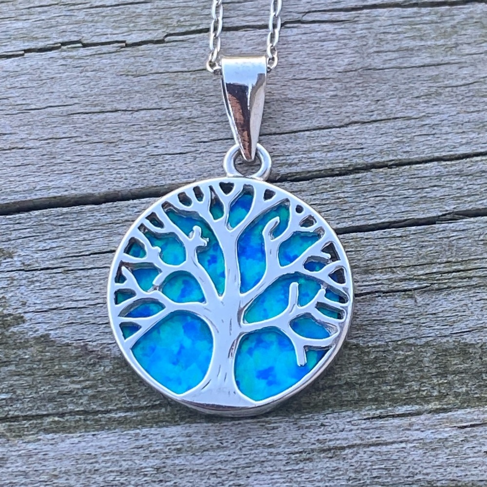 Tree of Life Pendant Necklace .925 Sterling Silver with faux blue opal